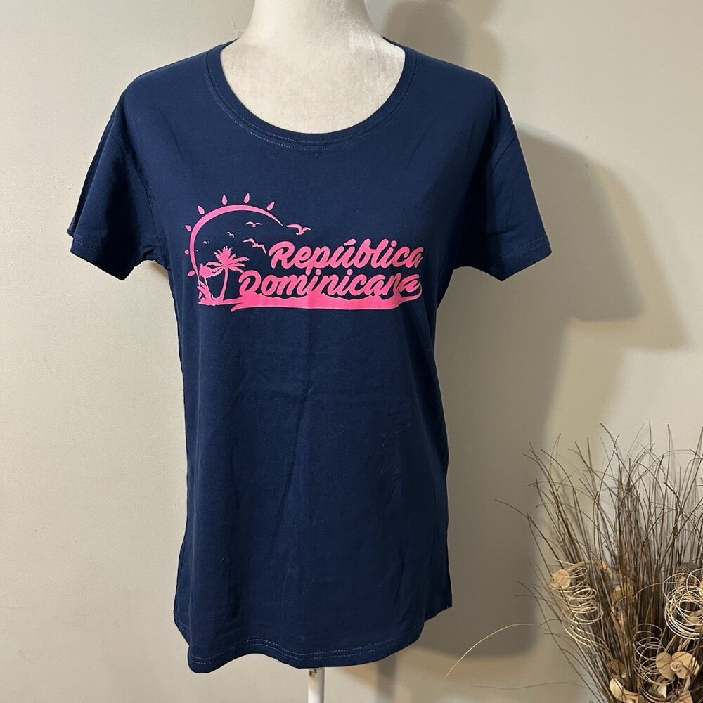 Ocean Dream Women Blue República Dominicana T-Shirt Top Short Sleeve Palms Sz XL